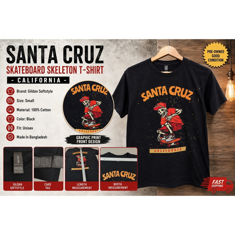 Santa Cruz California Skeleton Skateboard T-Shirt Black Mens Sm Gildan Softstyle